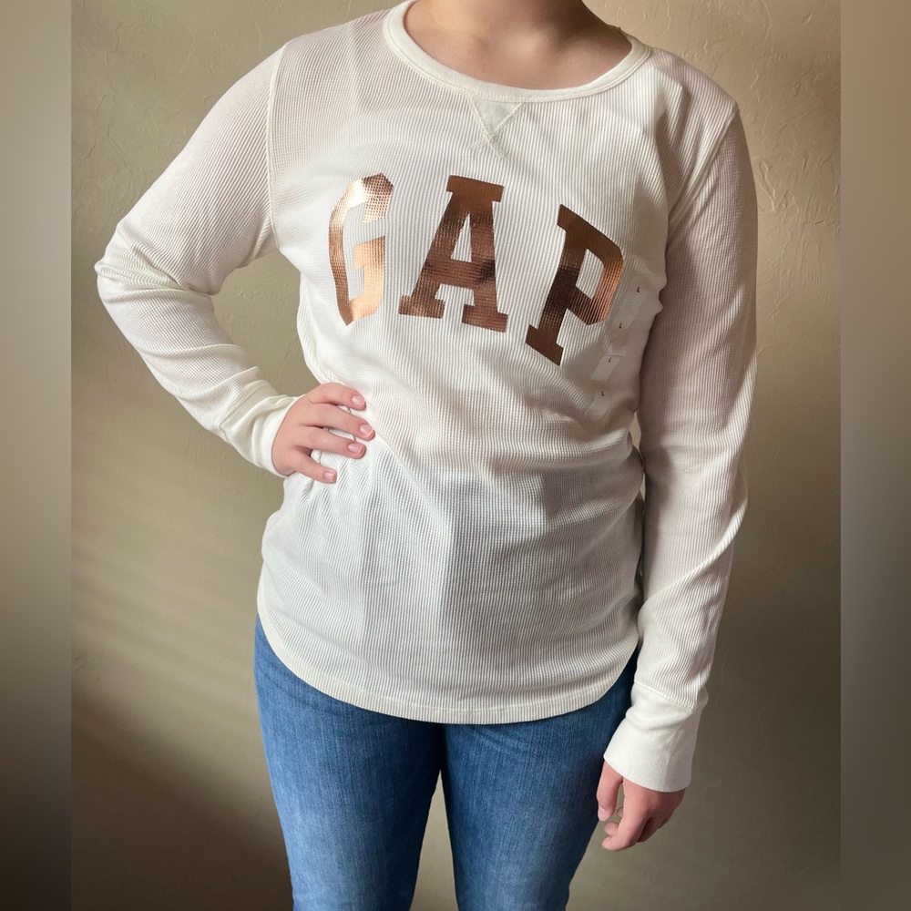 🆕 Gap Cream and Rose Gold Thermal Waffle Knit Long Sleeve Top | Large